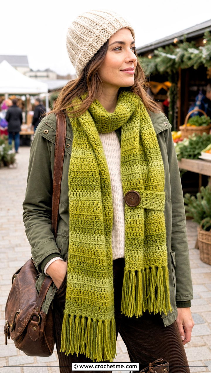 Self Striping Winter Wishes Crochet Scarf With Utility Jacket - 15 Winter Wishes Crochet Scarf outfit ideas