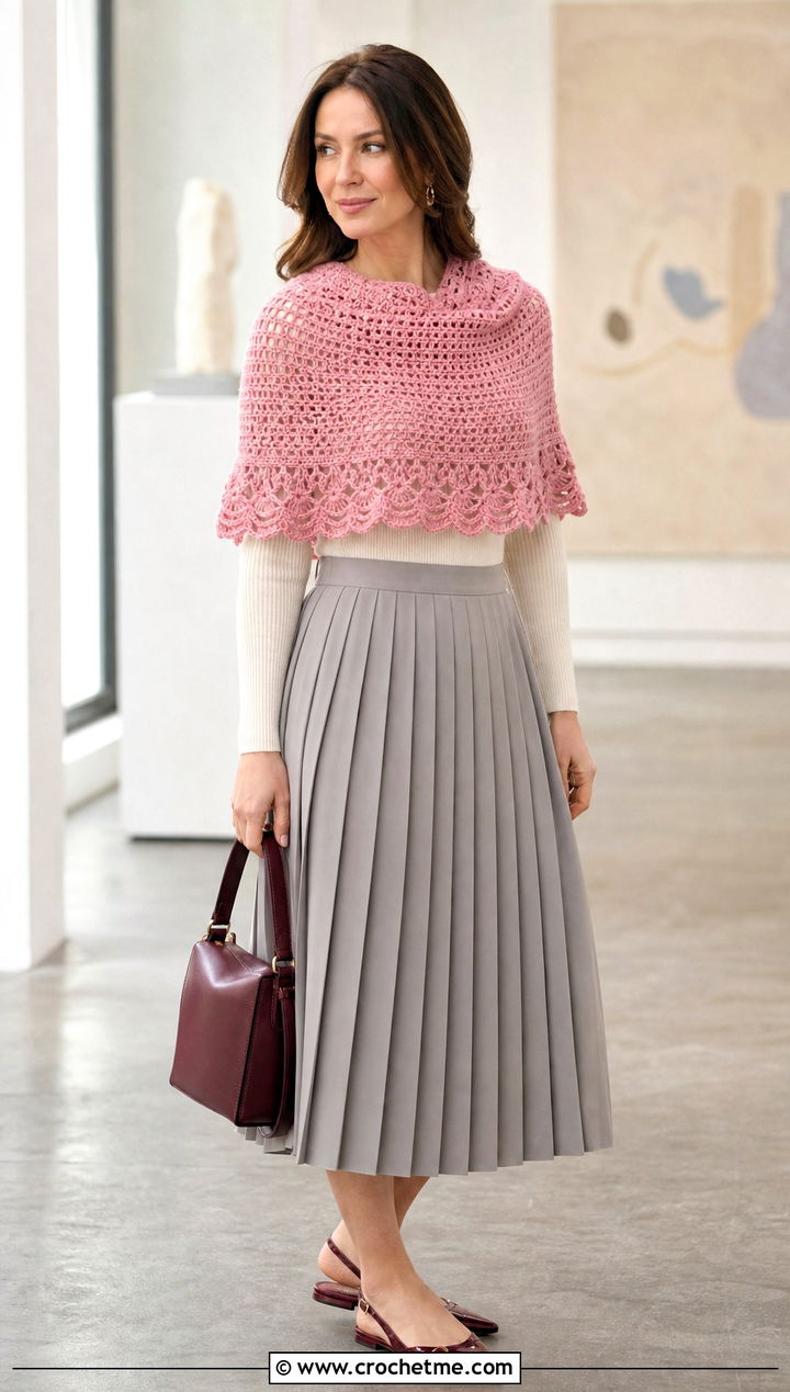 Semi Circle Crochet Shoulder Shawl With Midi Skirt - 25 Crochet Shoulder Shawl outfit ideas