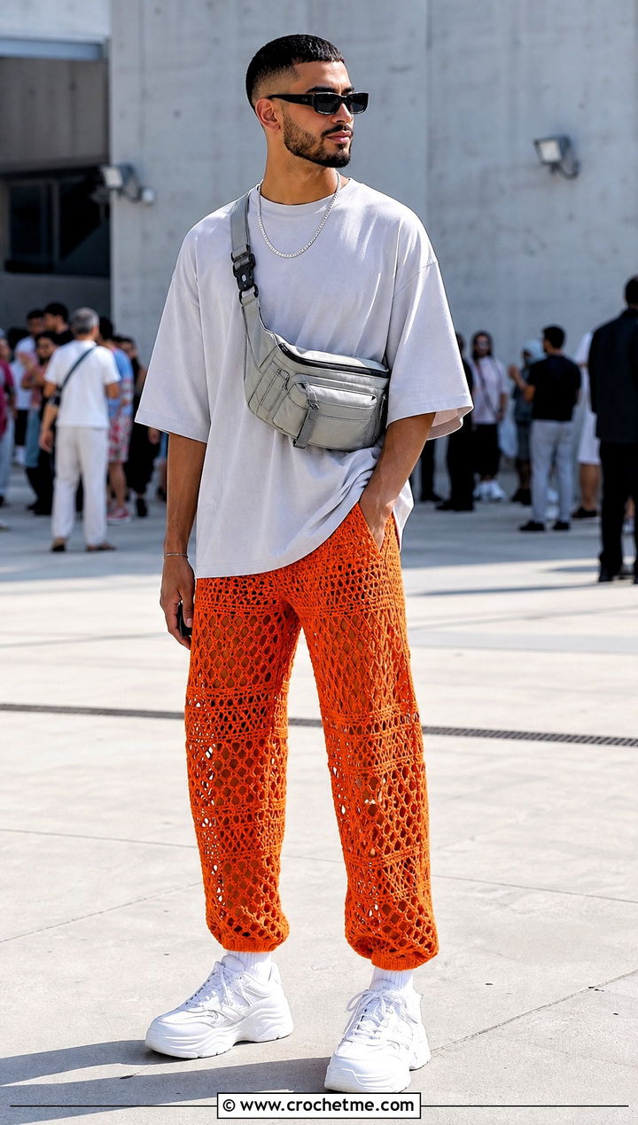 Semi Sheer Crochet Pants With Oversized Tee - 35 crochet pants men outfit ideas
