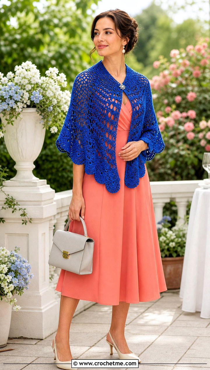 Semicircle Crochet Shawl With Midi Dress - 25 beautiful crochet shawls and wraps outfit ideas
