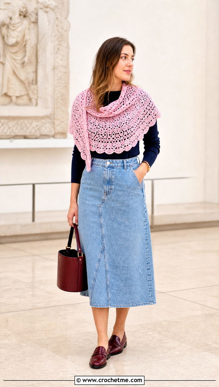 Semicircle Crochet Shawl With Midi Skirt - 30 crochet shawl wraps outfit ideas