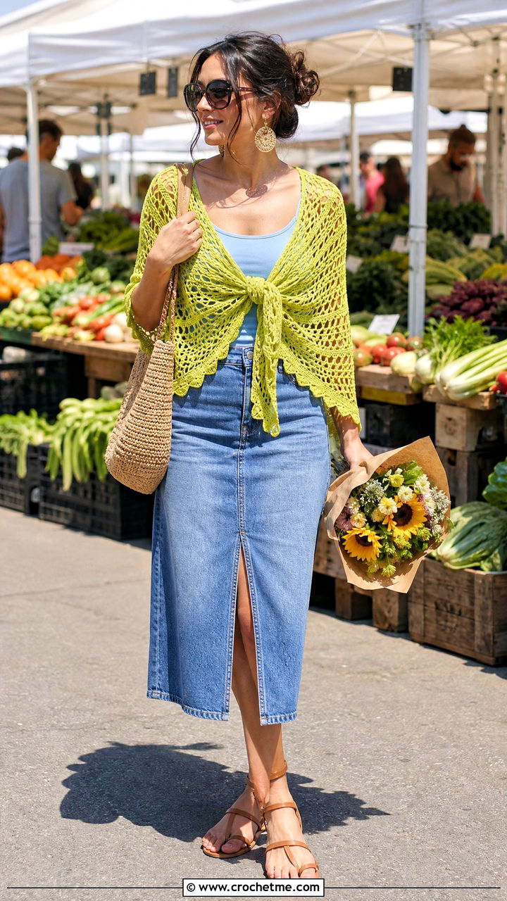Semicircle Lacy Crochet Shawl With Denim Midi Skirt - 35 lacy crochet shawl outfit ideas