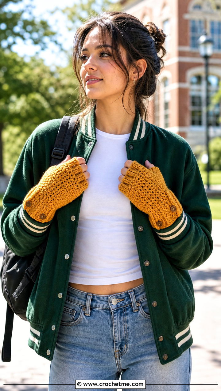Separate Finger Hooded Crochet Gloves With Varsity Jacket - 15 Convertible Crochet Fingerless Gloves outfit ideas