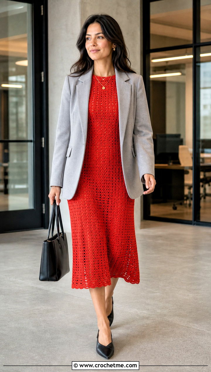 September Open Knit Crochet Midi Dress With Blazer - 15 Crochet Dress 12 Months outfit ideas