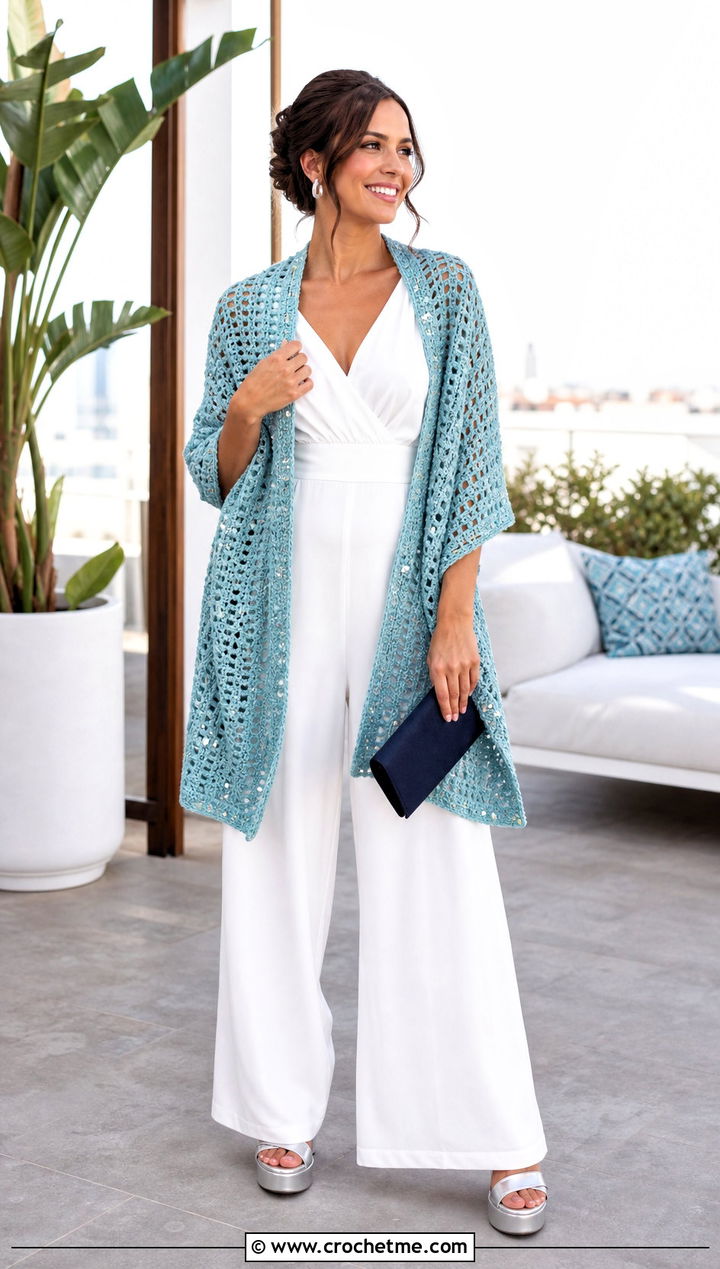 Sequin Accent Crochet Shawl With Wide Leg Jumpsuit - 35 quick crochet shawl outfit ideas