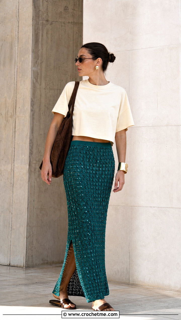 Sequin Crochet Column Skirt With Boxy T Shirt - 30 sequin crochet skirt outfit ideas