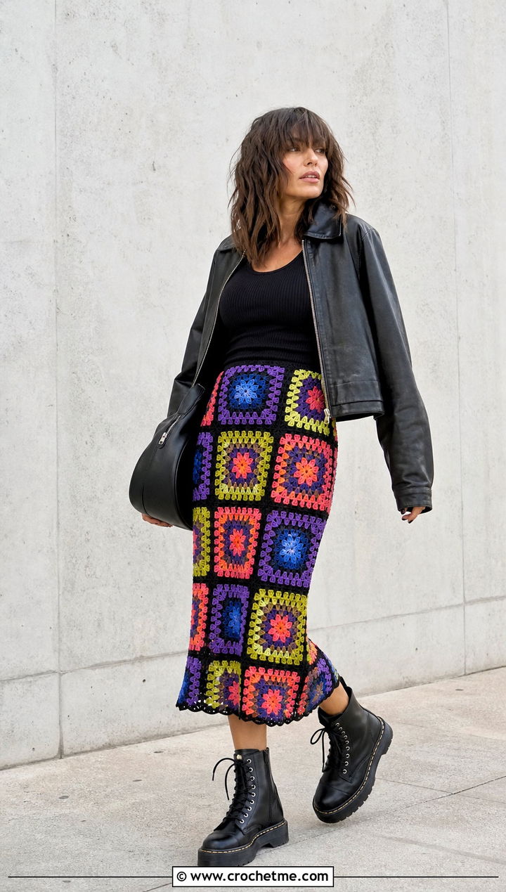 Sequin Crochet Granny Square Skirt With Leather Jacket - 30 sequin crochet skirt outfit ideas