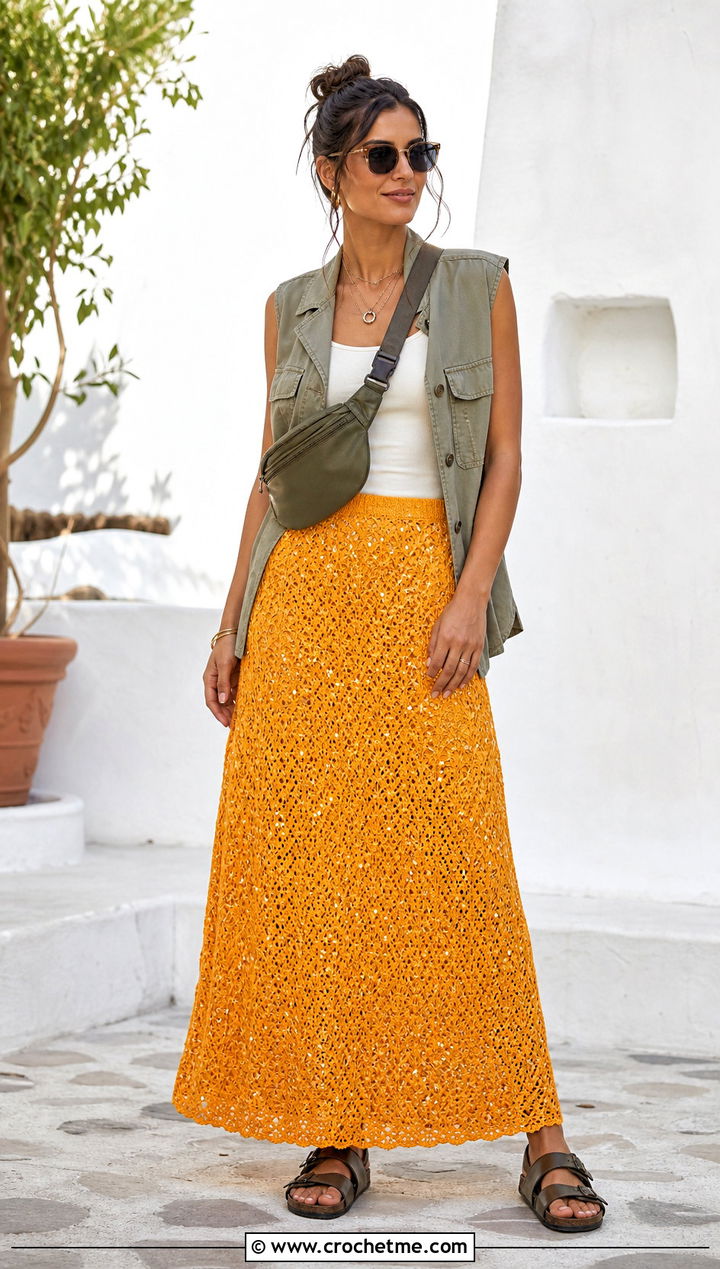 Sequin Crochet Maxi Skirt With Utility Vest - 30 sequin crochet skirt outfit ideas