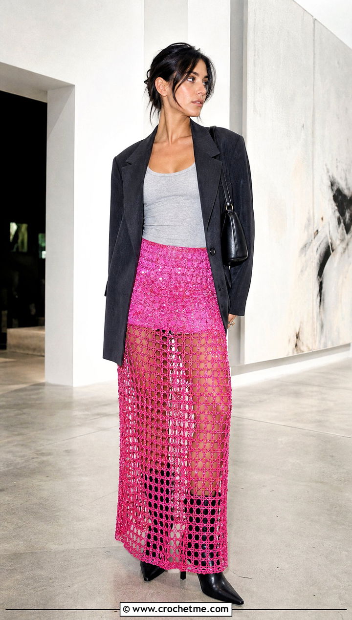 Sequin Crochet Mesh Skirt With Longline Blazer - 30 sequin crochet skirt outfit ideas