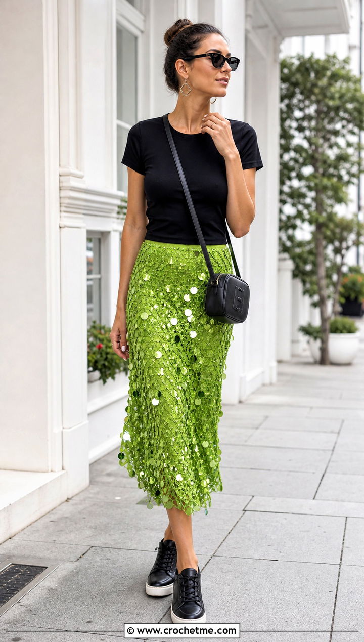 Sequin Crochet Midi Skirt With Black T Shirt - 30 sequin crochet skirt outfit ideas