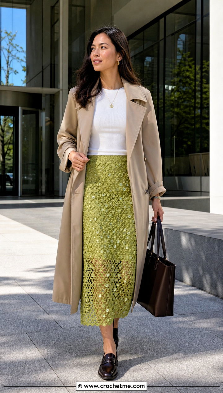 Sequin Crochet Midi Skirt With Trench Coat - 30 sequin crochet skirt outfit ideas