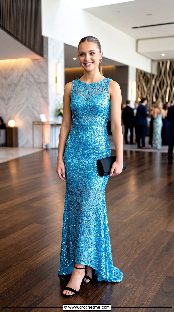 Sequin Crochet Prom Dress With Simple Black Accessories - 30 Prom Crochet Dress outfit ideas