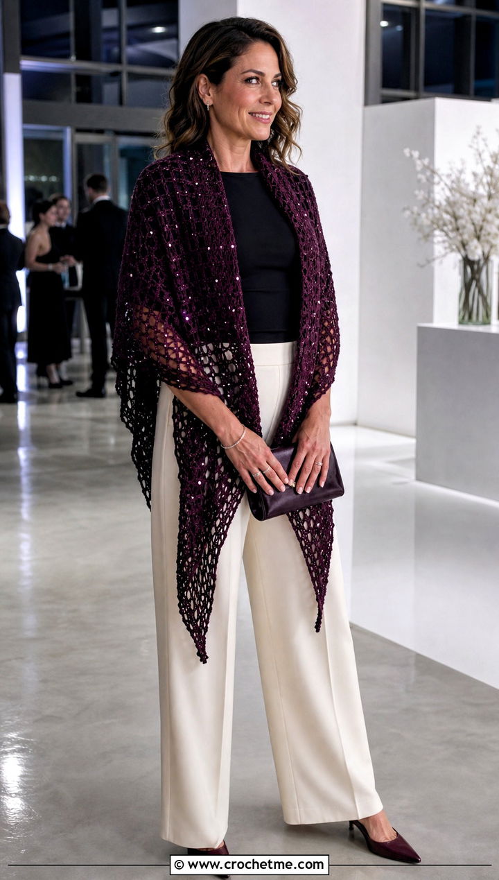 Sequin Crochet Rectangular Shawl With Wide Leg Trousers - 30 crochet rectangular shawl outfit ideas