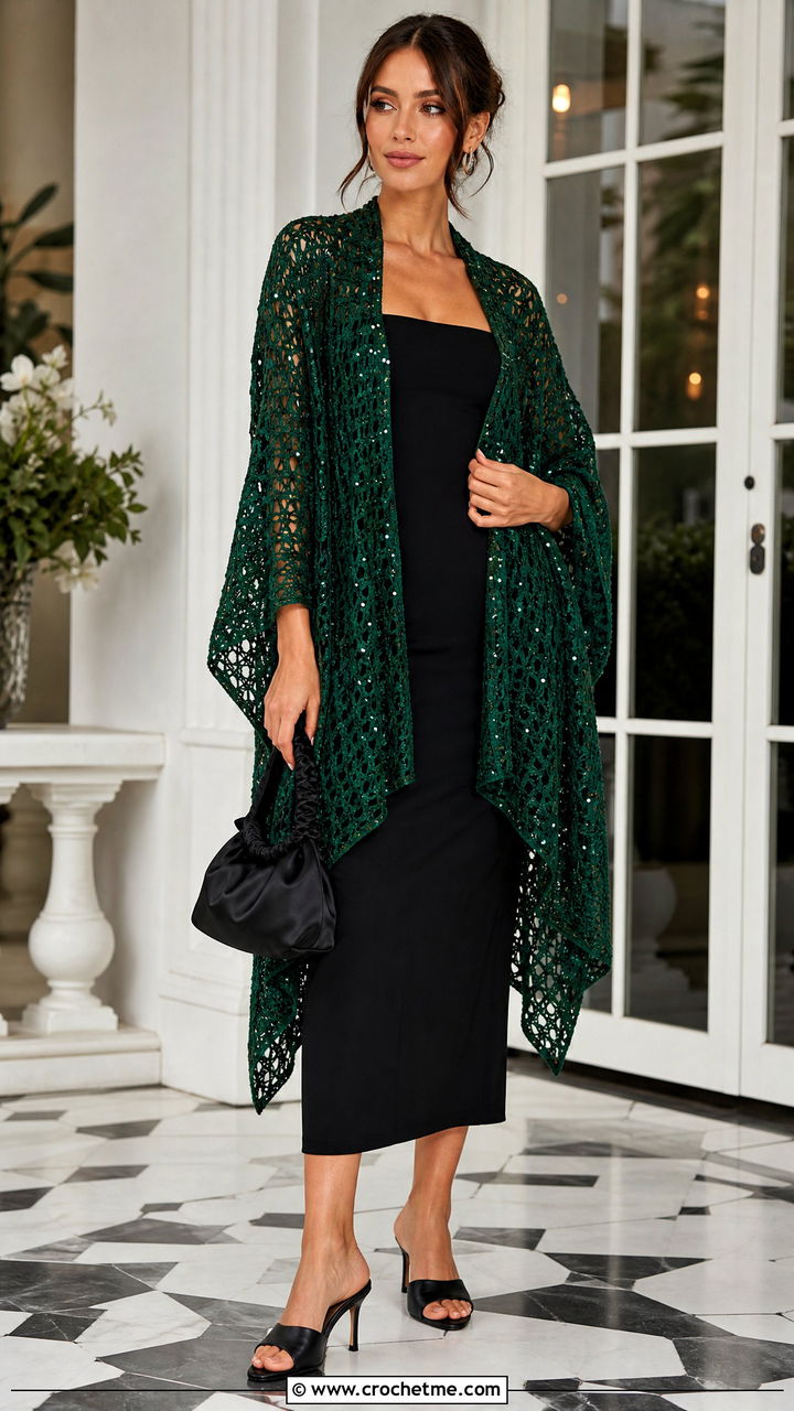 Sequin Crochet Ruana With Black Midi Dress - 35 crochet ruana outfit ideas