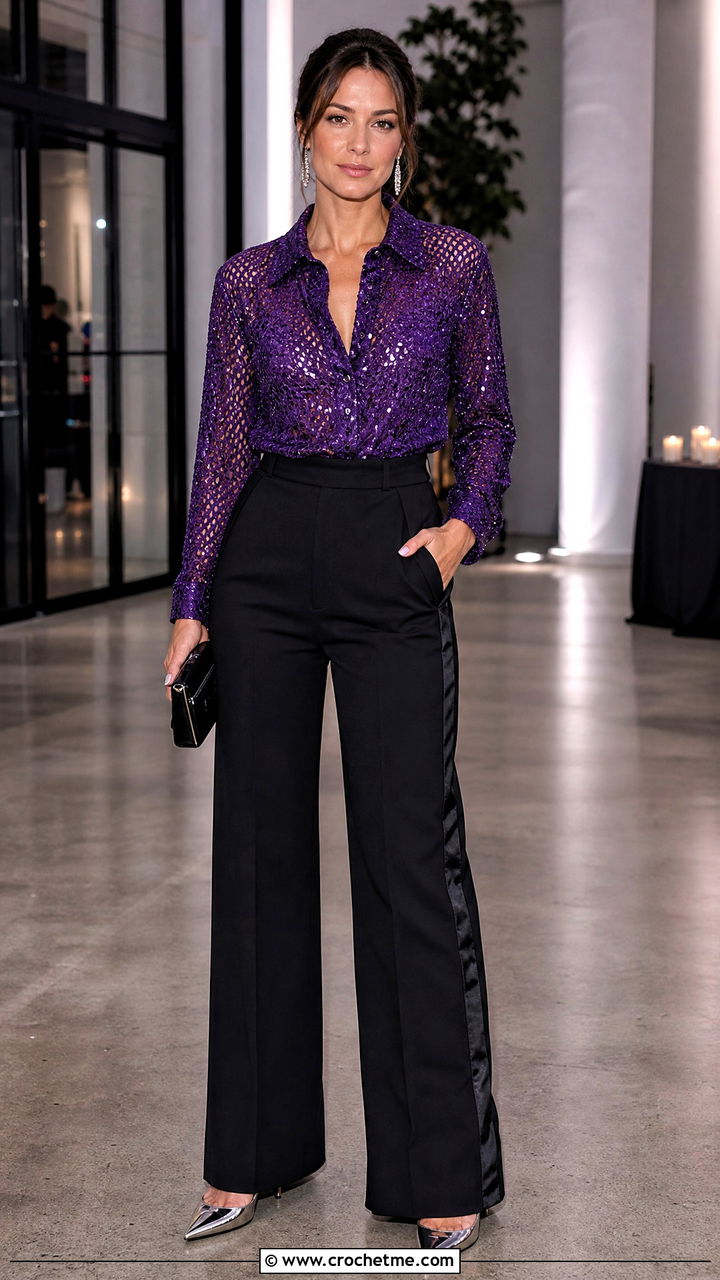 Sequin Crochet Shirt With Tuxedo Trousers - 35 crochet shirts outfit ideas