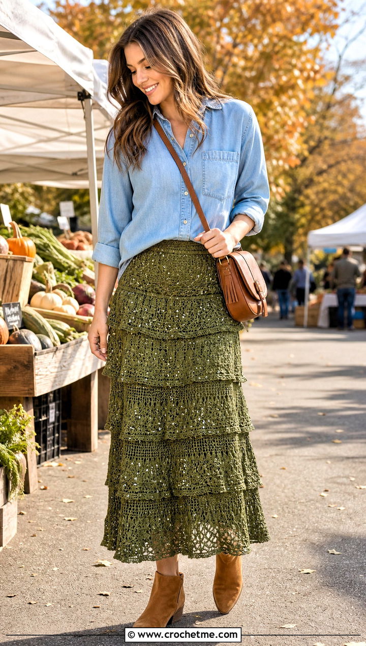 Sequin Crochet Tiered Skirt With Denim Shirt - 30 sequin crochet skirt outfit ideas