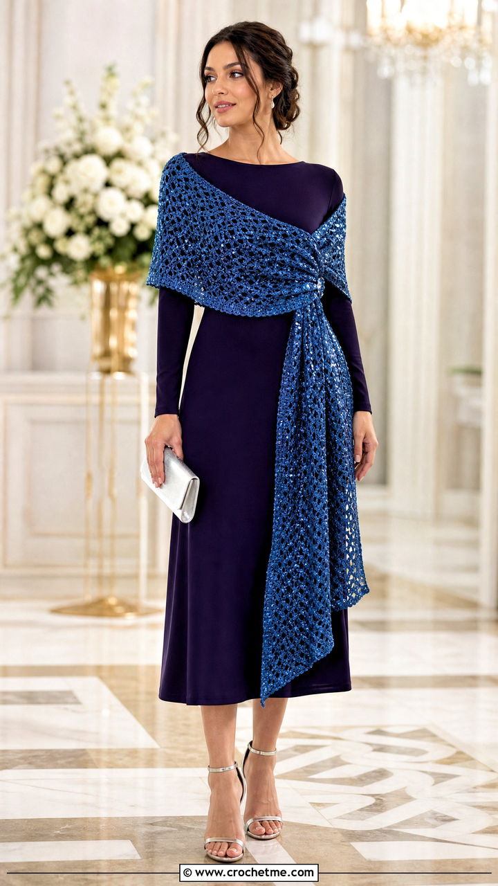 Sequin Crochet Wrap With Matte Midi Dress - 35 Crocheted Shawls And Wraps outfit ideas
