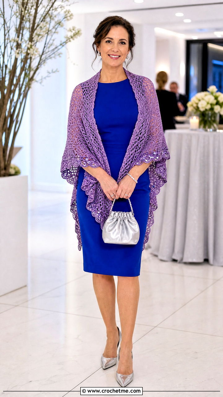 Sequin Edge Triangle Shawl With Party Dress - 35 crochet triangle shawl outfit ideas