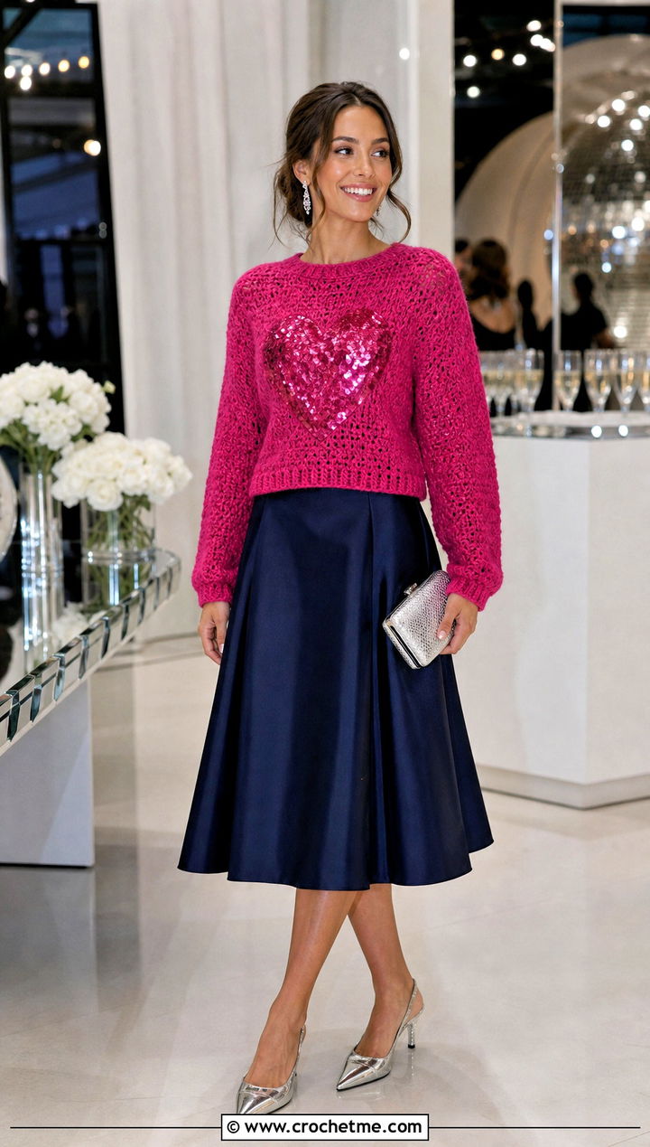 Sequin Heart Crochet Sweater With A Line Skirt - 35 crochet heart sweater outfit ideas