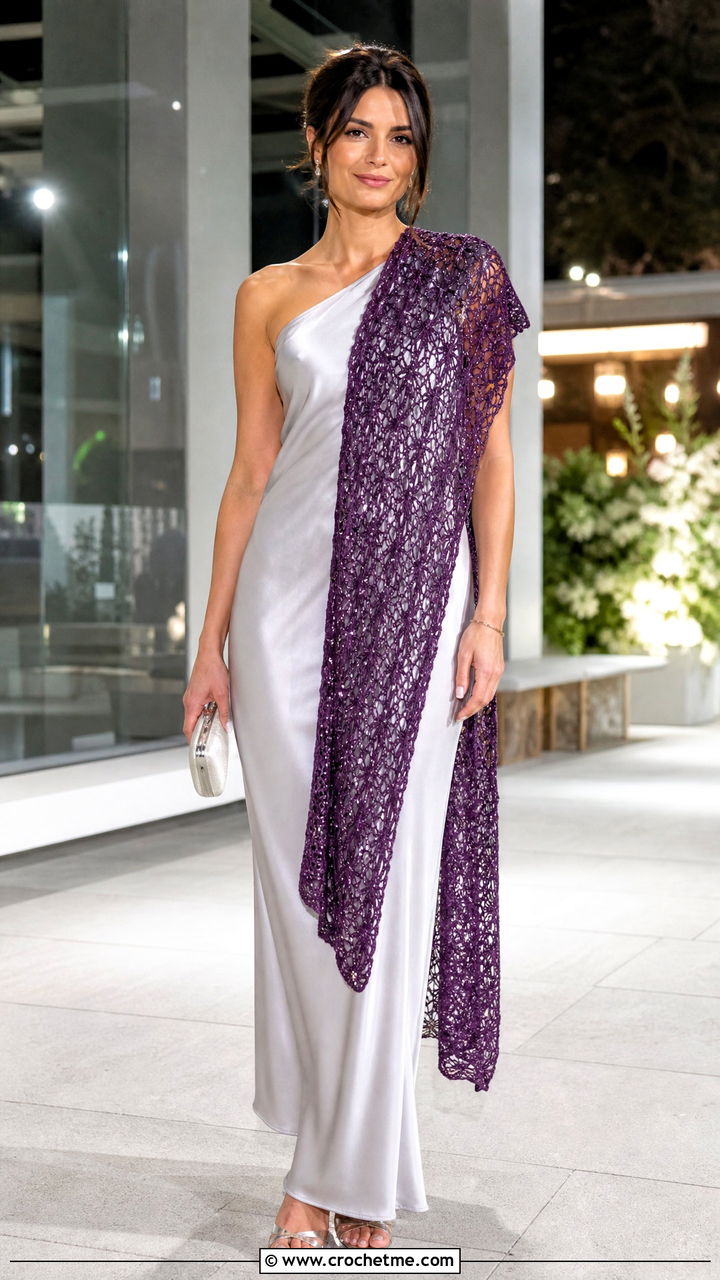 Sequin Lace Crochet Scarf With Satin Maxi Dress - 35 simple crochet scarf outfit ideas