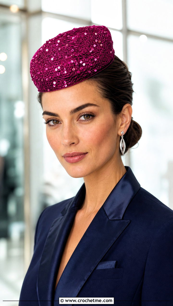 Sequin Net Pillbox Hat With Evening Pantsuit - 25 crochet net hat outfit ideas