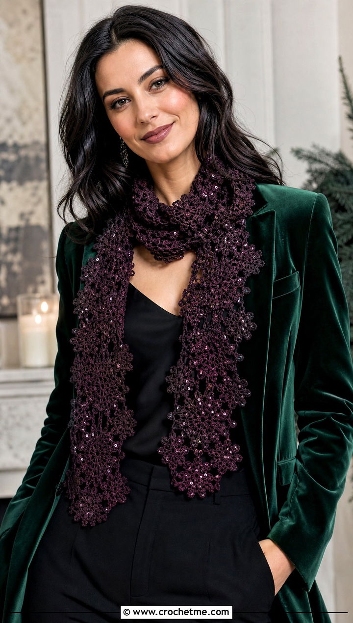 Sequin Snowflake Crochet Scarf With Velvet Blazer - 25 Snowflake Crochet Scarf outfit ideas