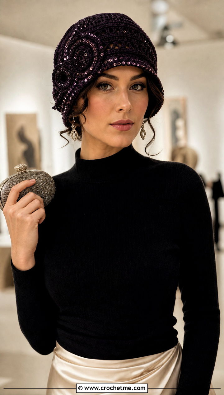 Sequin Swirl Cloche With Satin Midi Skirt - 15 crochet vintage swirl hat outfit ideas