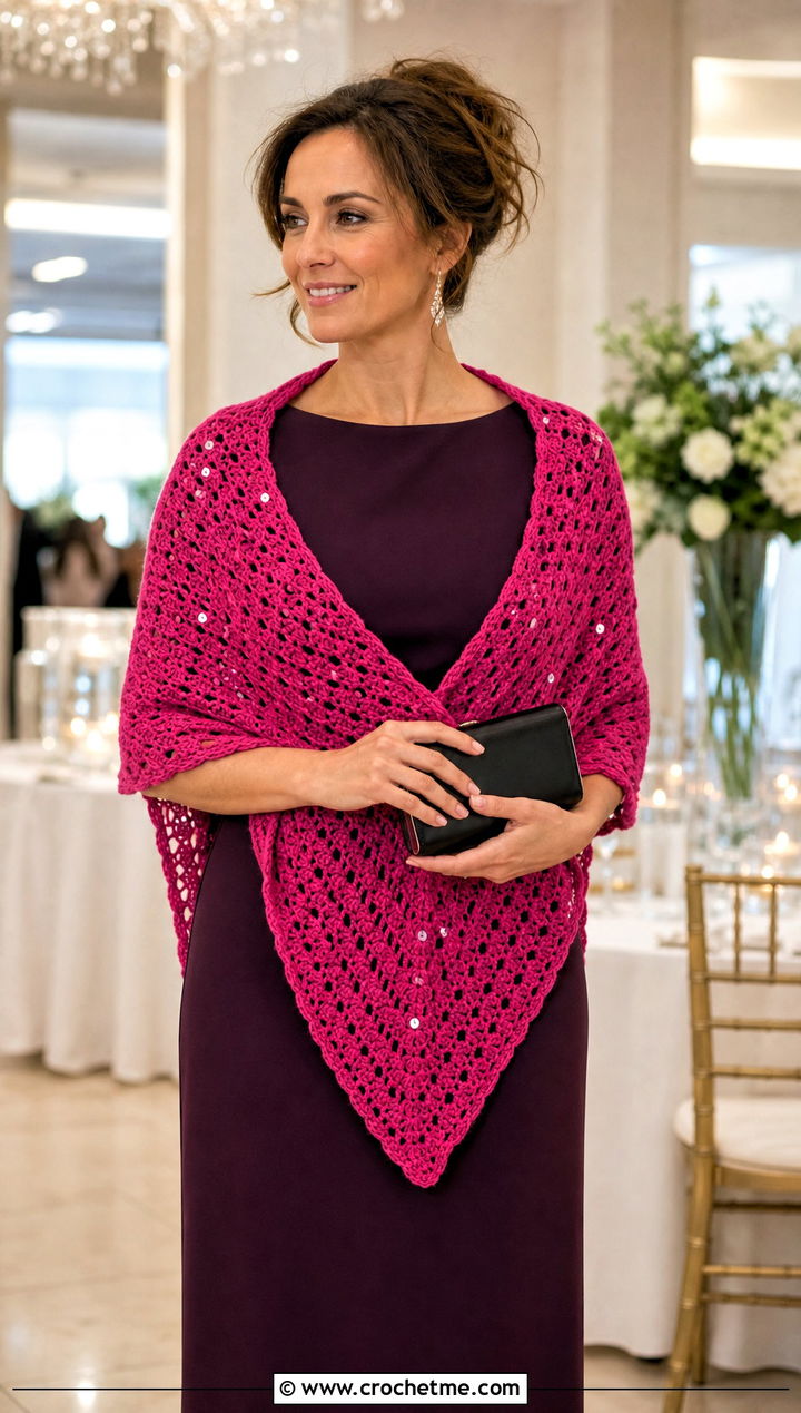 Sequin Triangle Crochet Shawl With Column Dress - 35 triangle crochet shawl outfit ideas