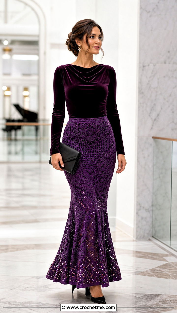 Sequin Trim Crochet Mermaid Skirt With Velvet Top - 35 crochet mermaid skirt outfit ideas