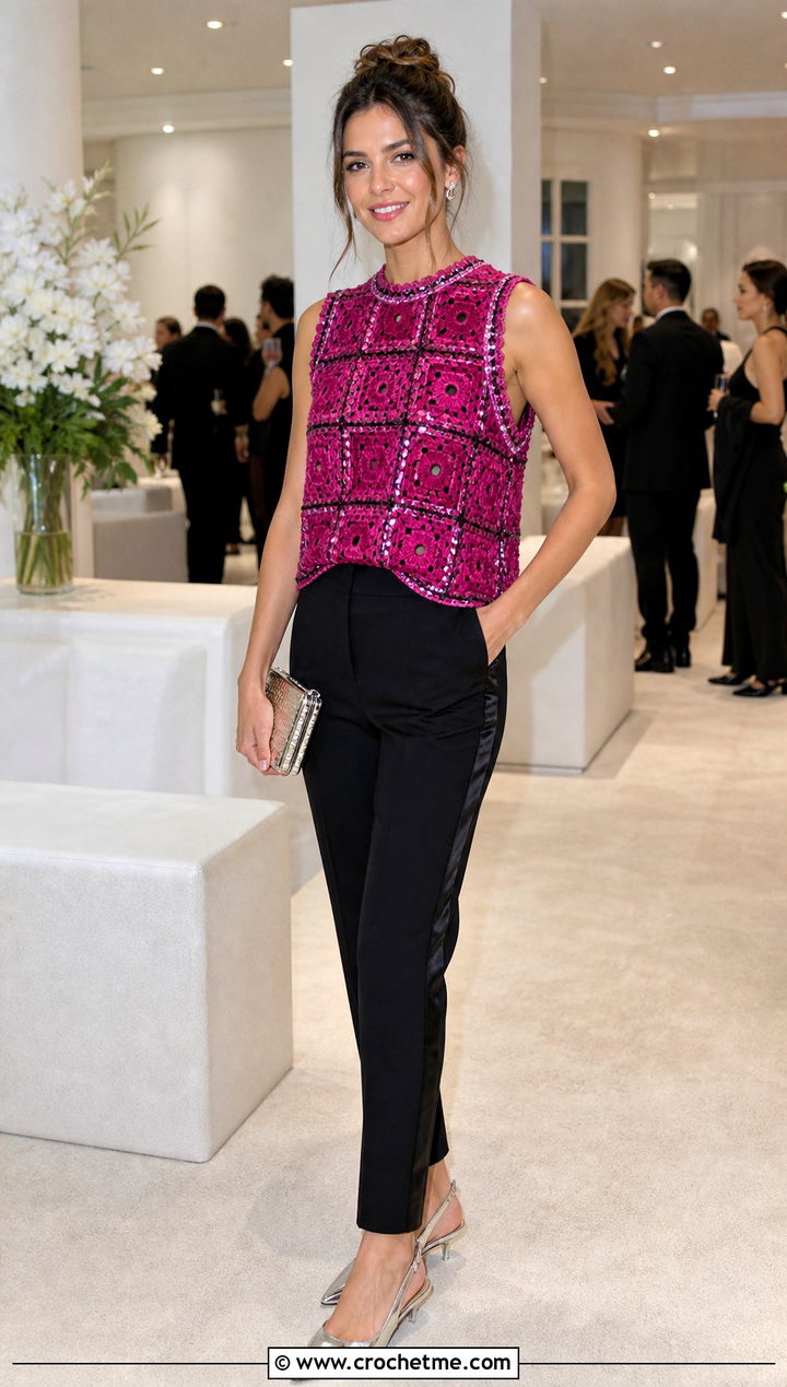 Sequin Trim Granny Square Top With Tuxedo Pants - 35 granny square crochet top outfit ideas