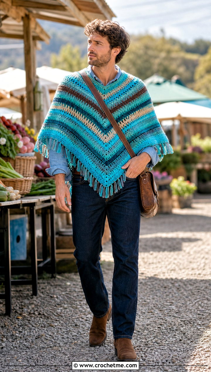Serape Crochet Mens Poncho With Western Denim - 25 crochet men's poncho outfit ideas