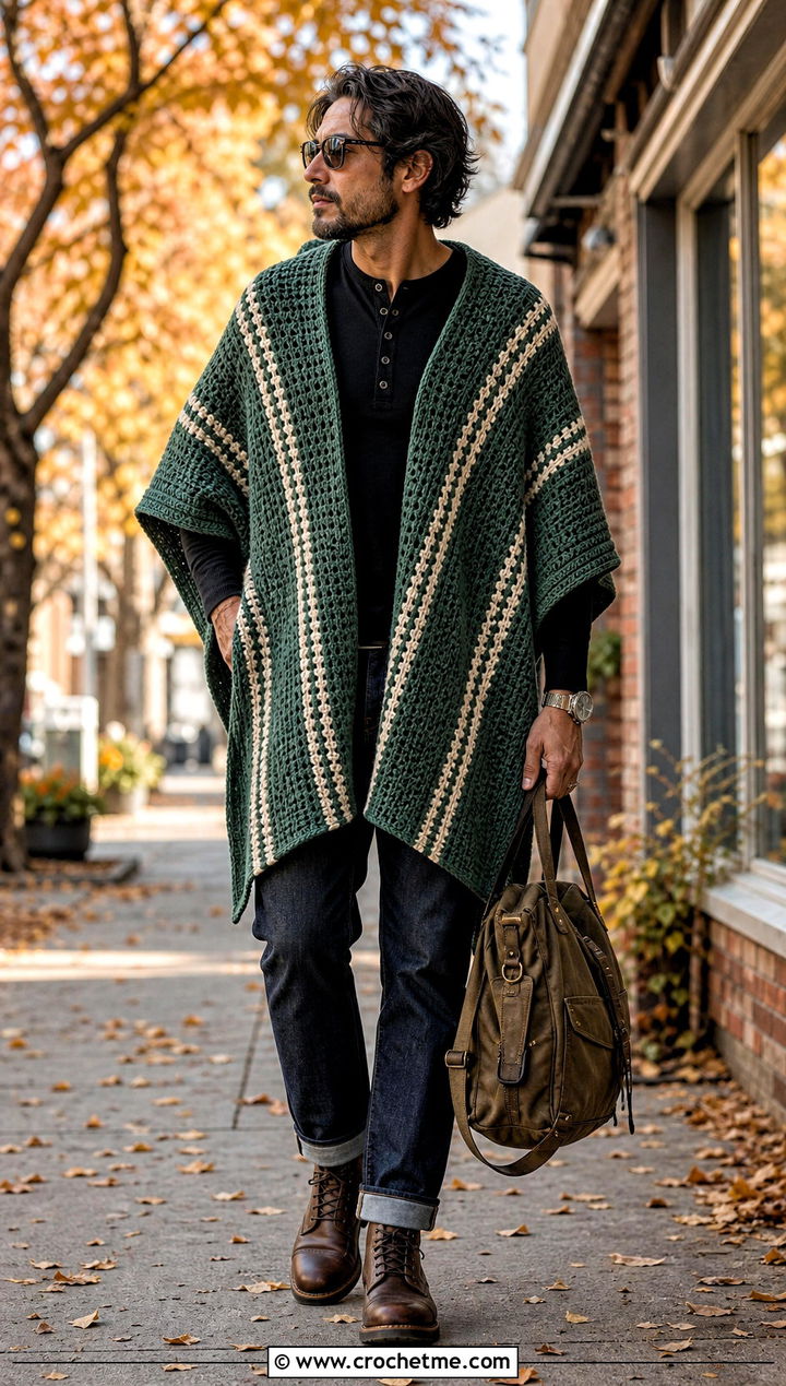 Serape Style Crochet Poncho With Raw Denim - 25 mens crochet poncho outfit ideas