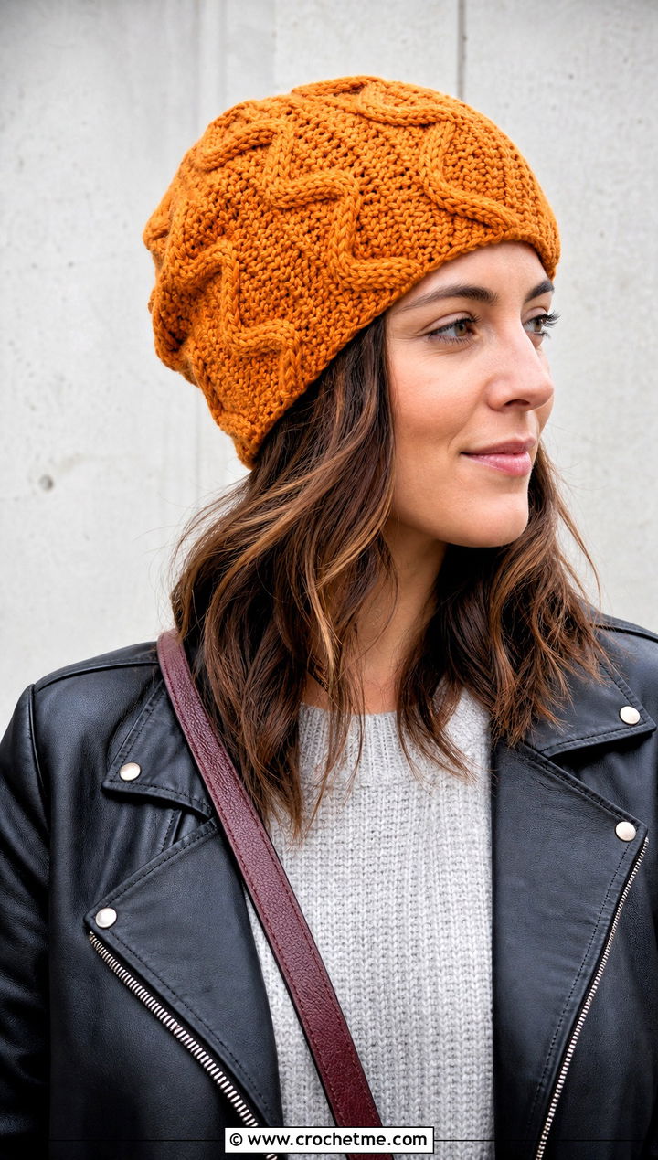 Serpentine Cable Crochet Beanie With Leather Jacket - 15 cabled crochet beanie design outfit ideas