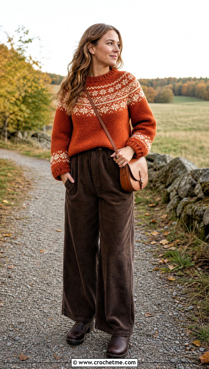Setesdal Inspired Nordic Crochet Sweater With Corduroy Pants - 25 nordic crochet sweater outfit ideas