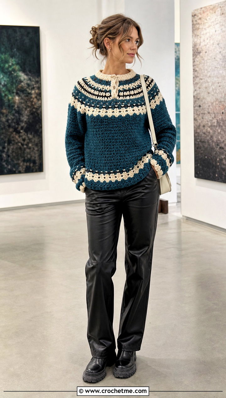Setesdal Lusekofte Norwegian Crochet Sweater With Leather Pants - 20 Norwegian Crochet Sweater outfit ideas