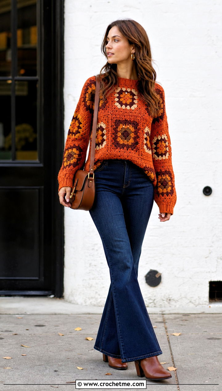 Seventies Granny Square Sweater With Flared Jeans - 25 Fall Granny Square Sweater outfit ideas