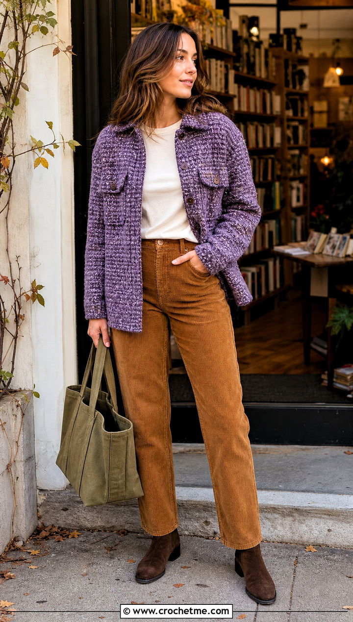 Shacket Crochet Tweed Jacket With Corduroy Pants - 30 crochet tweed jacket outfit ideas