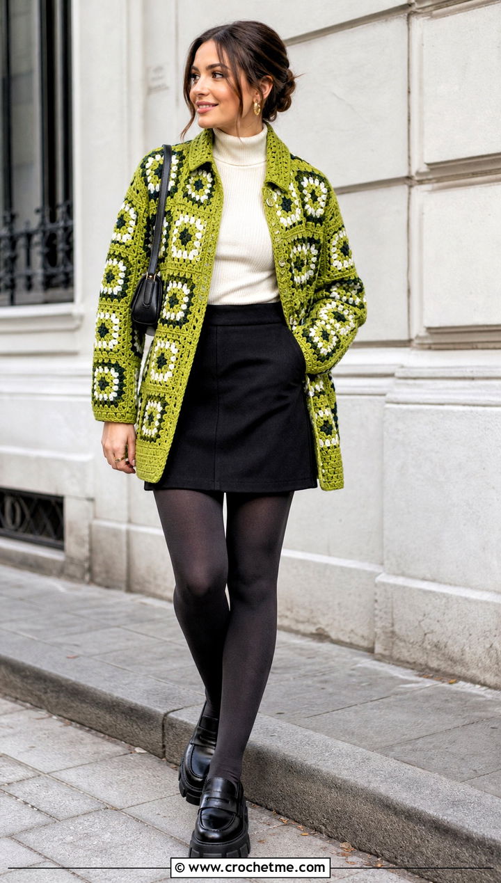 Shacket Granny Square Coat With Mini Skirt - 30 granny square coat outfit ideas