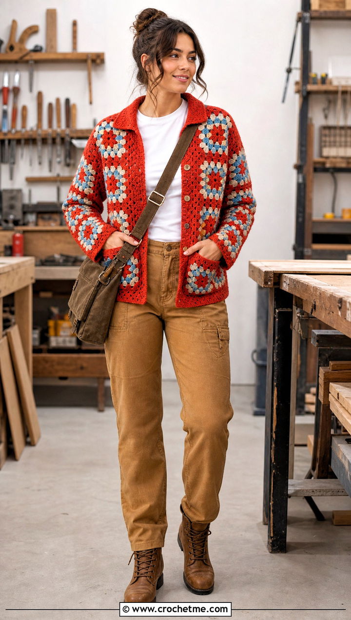 Shacket Style African Flower Granny Square Cardigan With Workwear Pants - 30 african flower granny square cardigan outfit ideas