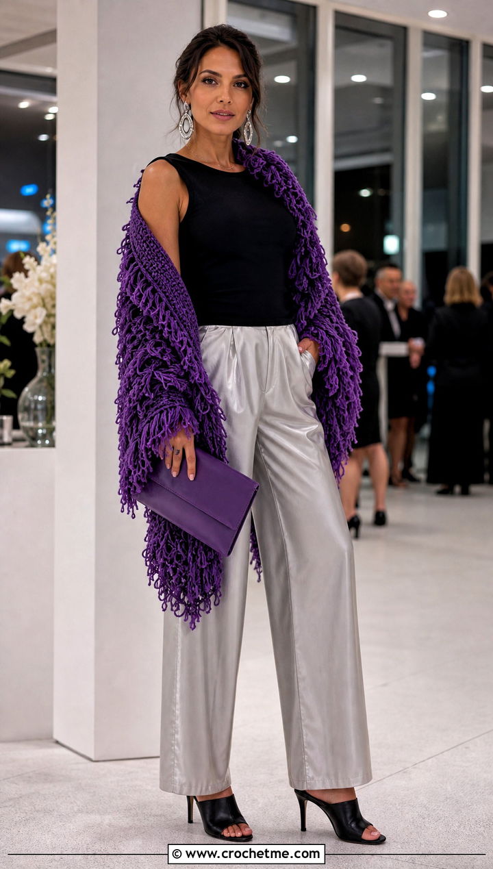 Shaggy Edge Crochet Sweater Wrap With Satin Pants - 30 crochet sweater wrap outfit ideas