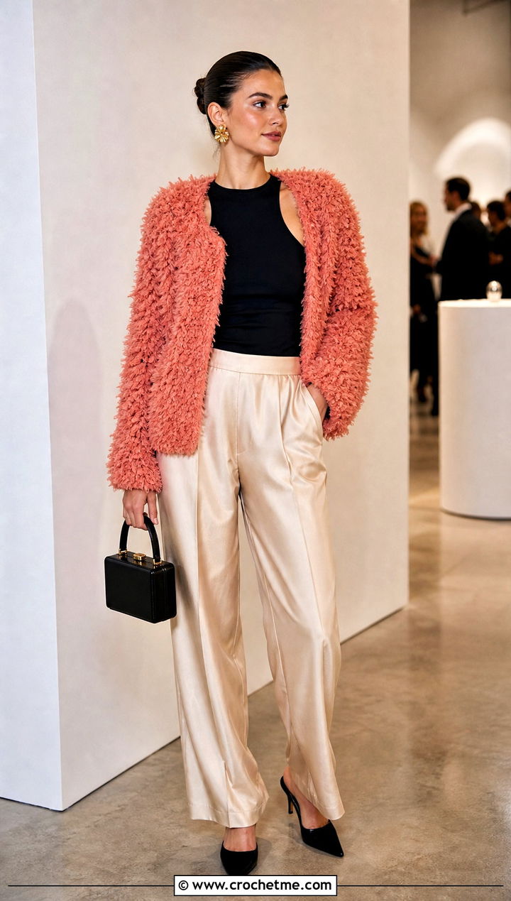 Shaggy Sally Cardigan With Satin Pants - 20 Crochet Sally Cardigan outfit ideas