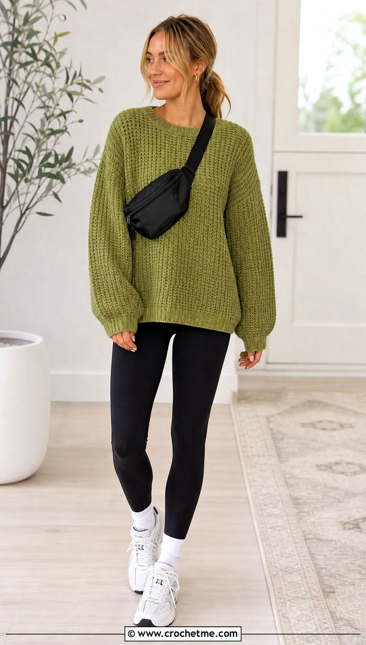 Shaker Stitch Crochet Sweater With Leggings And Sneakers - 30 knit look crochet sweater outfit ideas