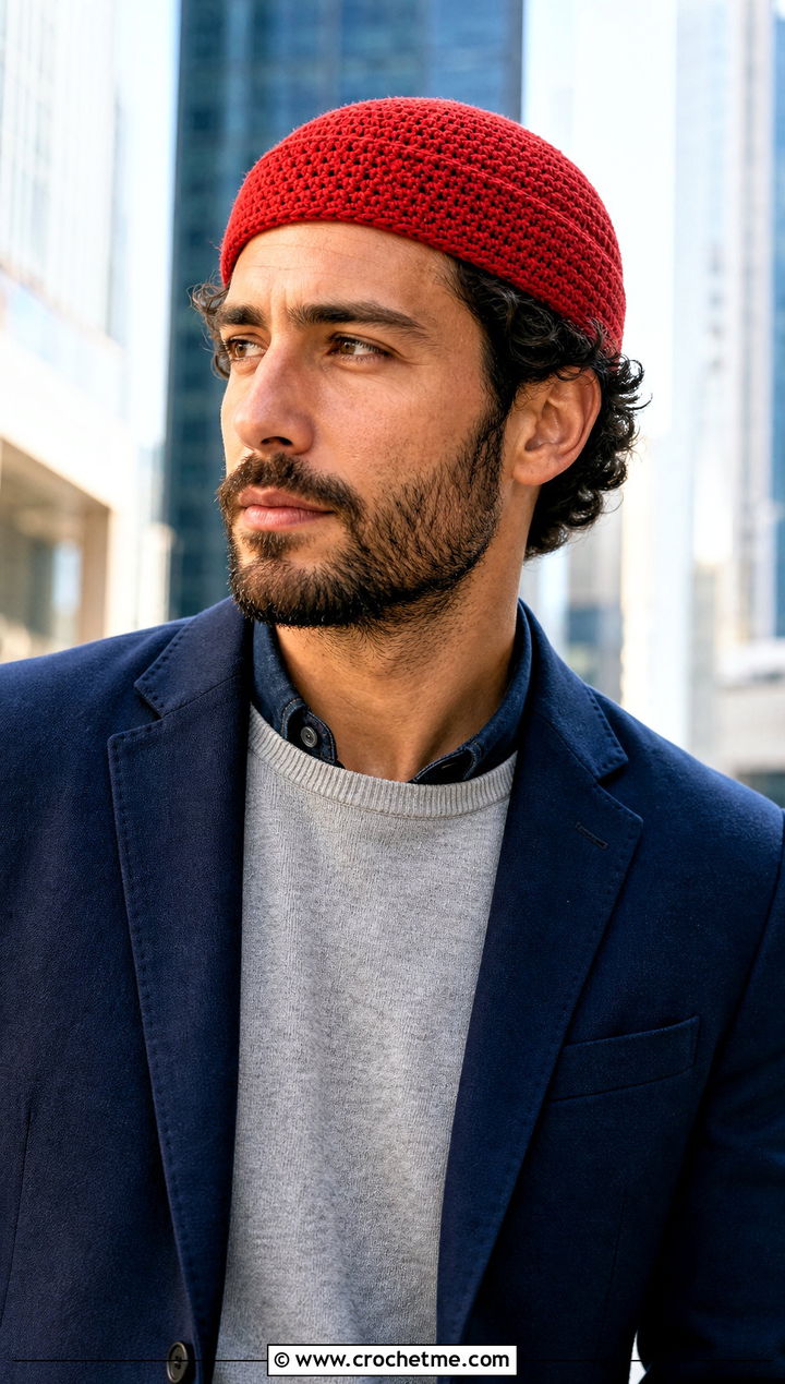 Shallow Fit Crochet Beanie With Blazer And Jeans - 30 mens crochet hats men's beanie outfit ideas
