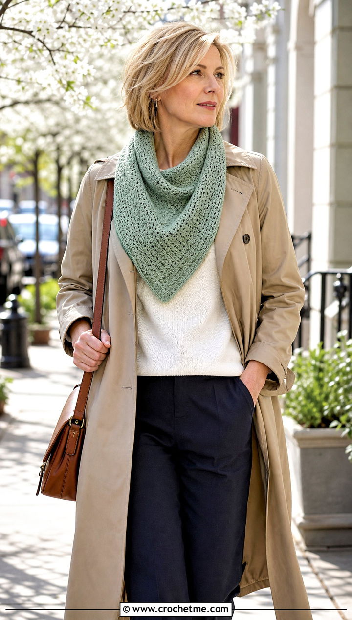 Shallow Triangle Moss Stitch Shawl With A Trench Coat - 25 Crochet Moss Stitch Shawl outfit ideas