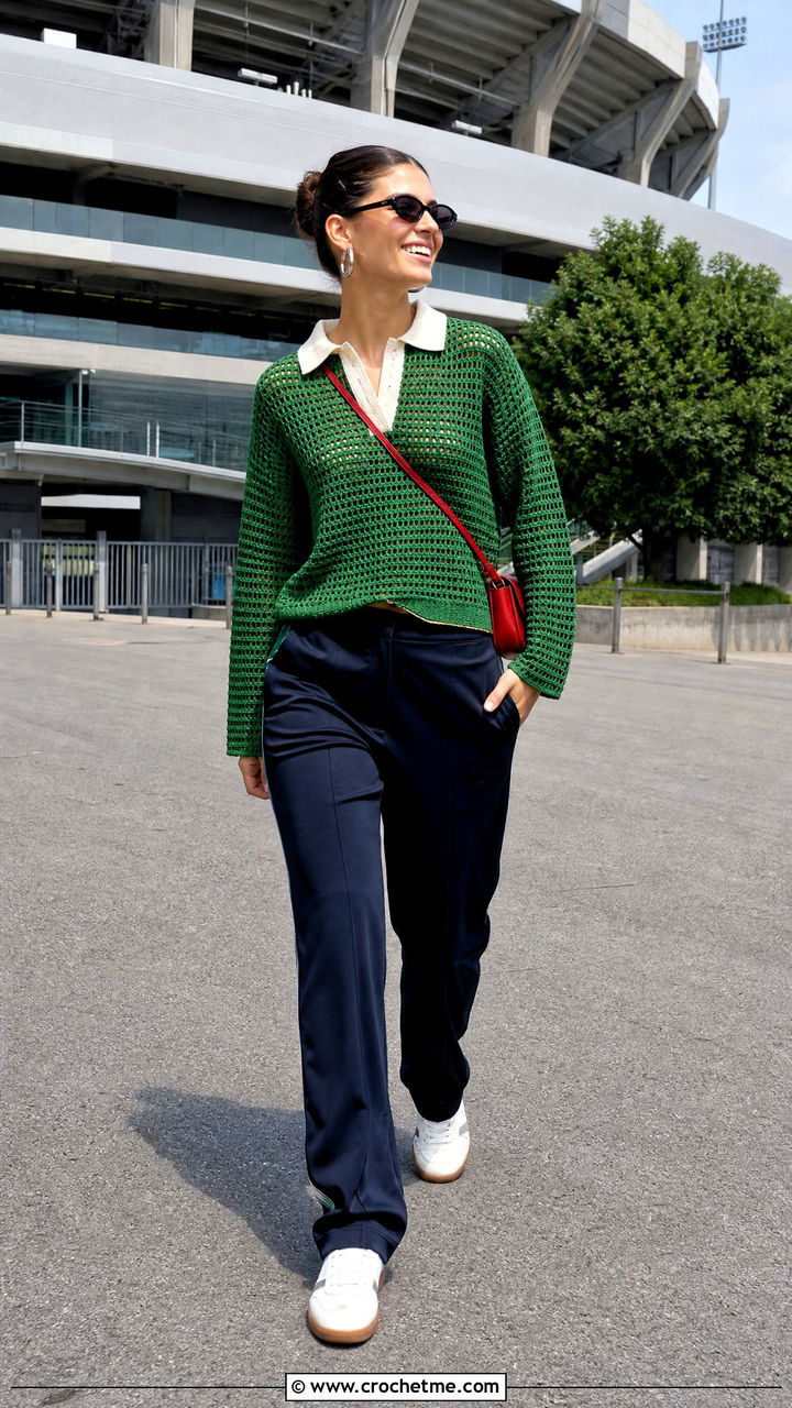 Shamrock Green Crochet Rugby Top With Track Pants - 35 crochet green top outfit ideas
