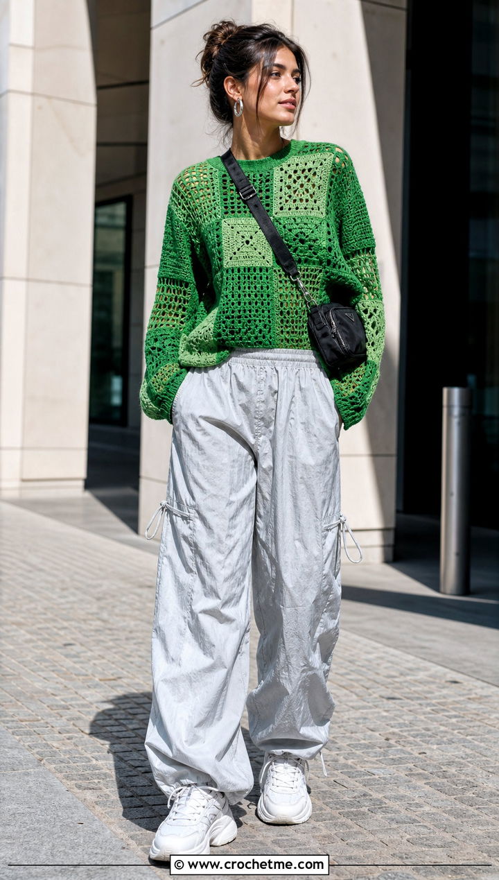 Shamrock Green Patchwork Crochet Jumper With Parachute Pants - 30 green crochet jumper outfit ideas
