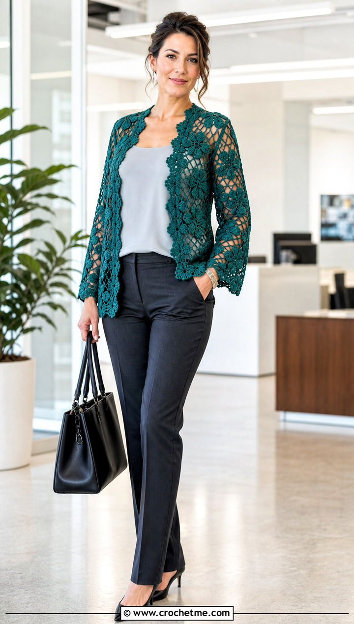 Shamrock Motif Irish Crochet Cardigan With Tailored Trousers - 25 Irish Crochet Cardigan outfit ideas