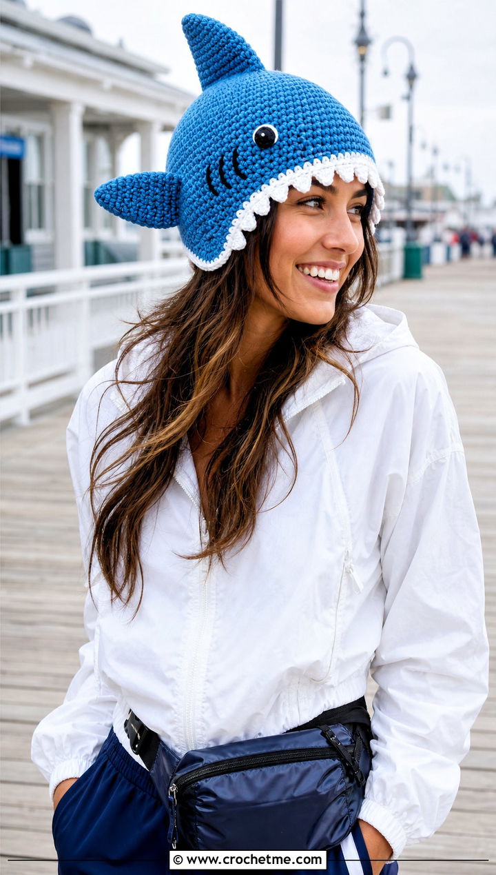 Shark Crochet Hat With A Sporty Windbreaker - 30 funny crochet hat outfit ideas