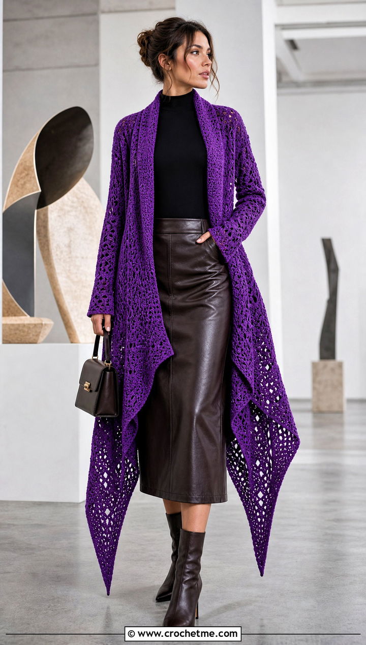 Sharkbite Hem Crochet Asymmetrical Cardigan With Leather Midi Skirt - 30 crochet asymmetrical cardigan outfit ideas