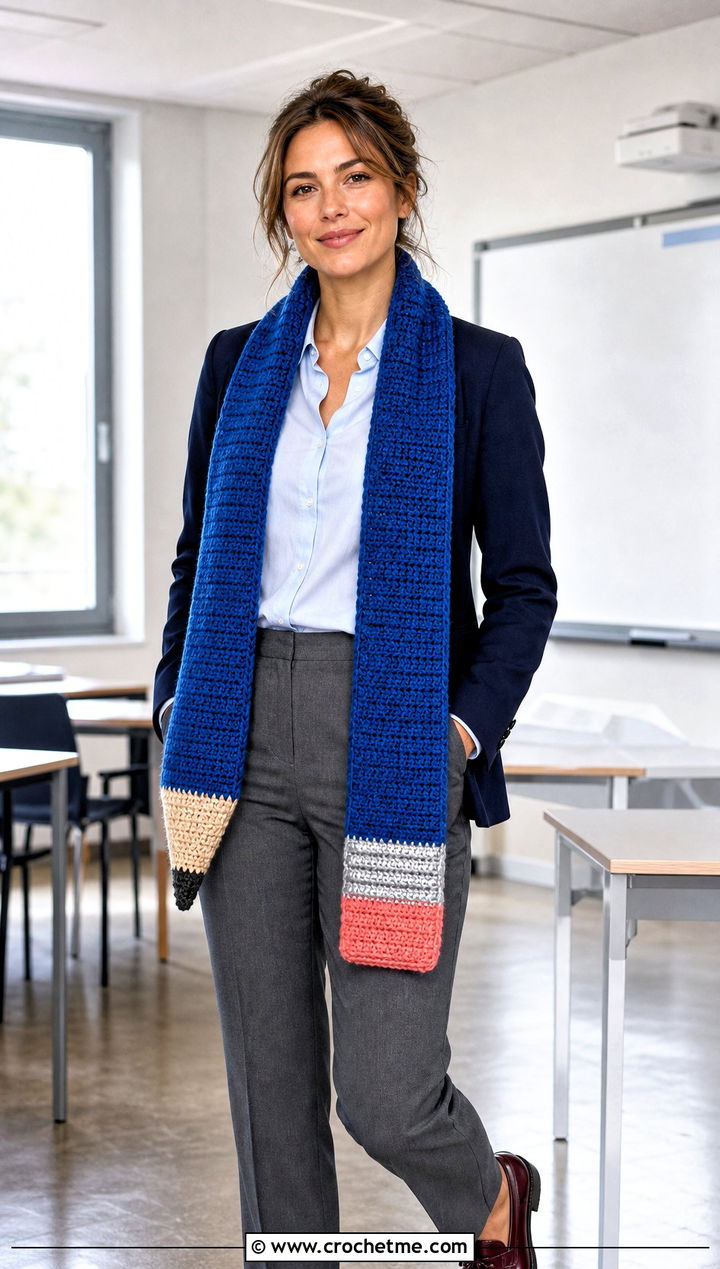 Sharpened Pencil Crochet Scarf With Blazer - 30 Pencil Crochet Scarf outfit ideas